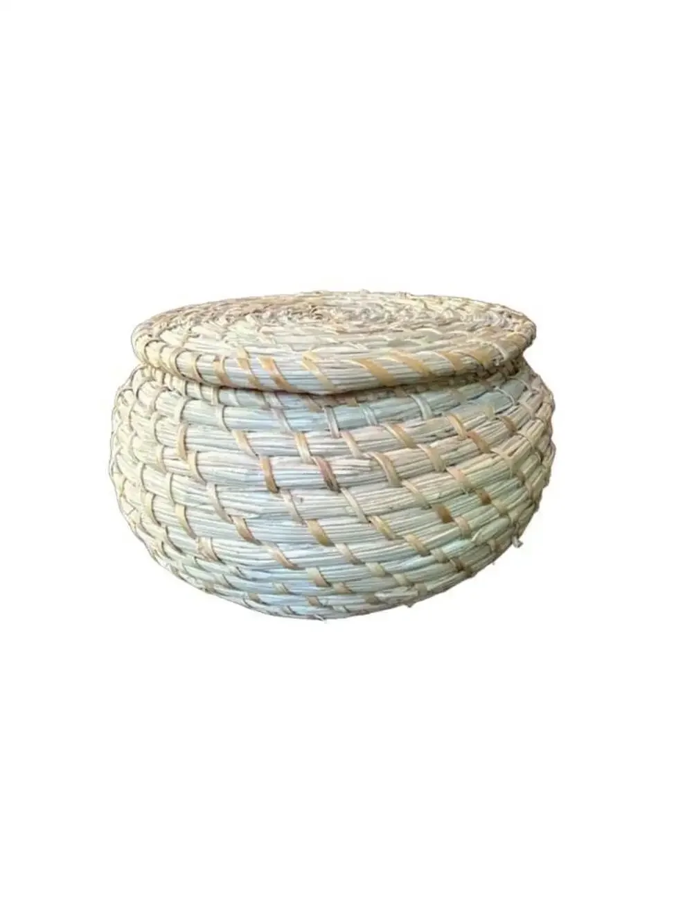 Set of 3 Woven Seagrass Lidded Nesting Baskets Round Storage Boxes
